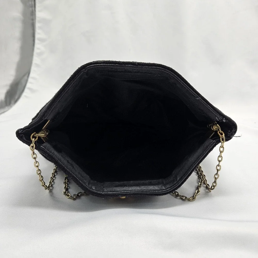 Vintage 90s Sueded Hinged Frame Clutch Oyster‎ Clam Purse Handbag Chain Strap